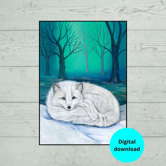 White Fox Curled Up in Snow Under a Teal Night Forest Poster