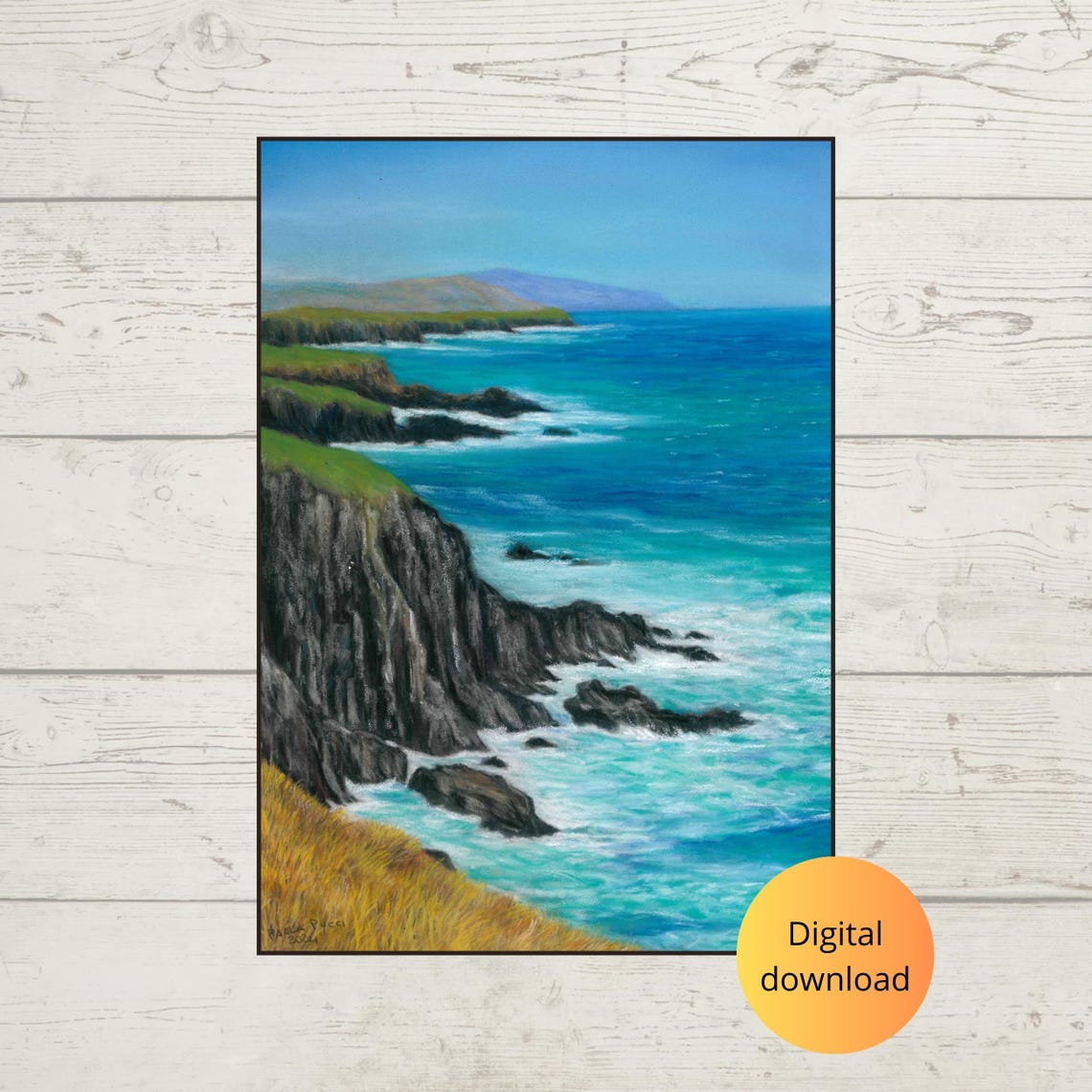 Rocky Cliffside Ocean View with Turquoise Waves Breaking Poster