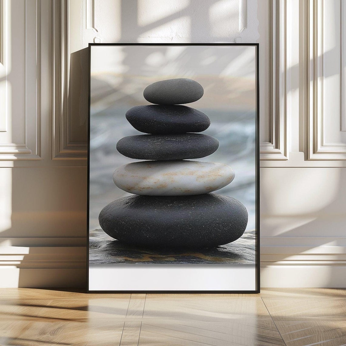 High Contrast Black and White Stone Stack Zen Balance Art Poster
