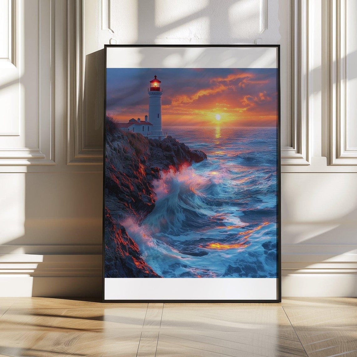 Lighthouse at Sunset Poster Over Dramatic Ocean Waves and Cliffs