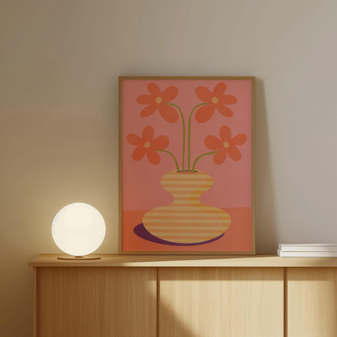 Orange Daisies In Yellow Striped Vase Maximalist Flower Art Poster - Image 4