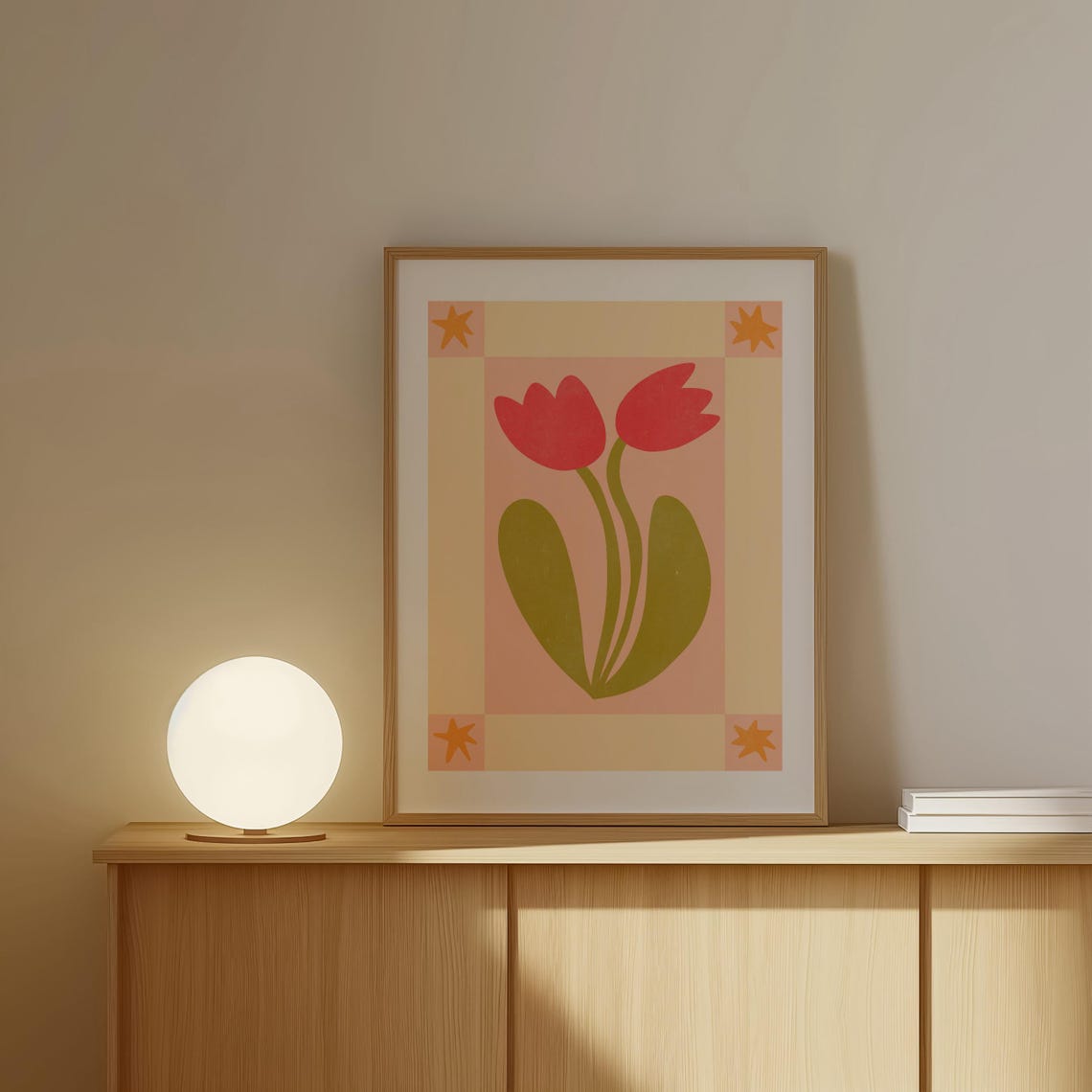 Red Tulips Star Border Scandinavian Folk Botanical Art Poster - Image 4