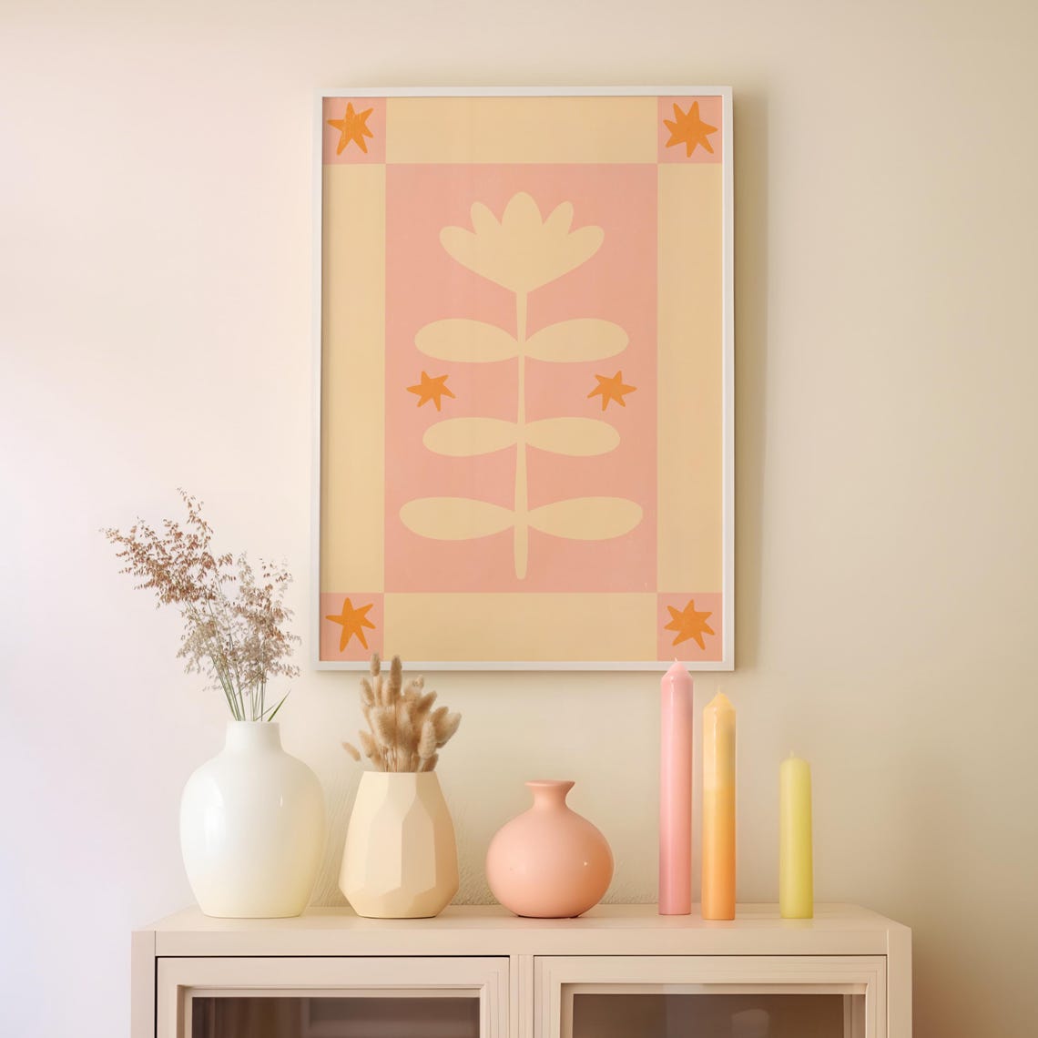 Cream Folk Plant With Orange Stars Scandinavian Pink Art Poster
