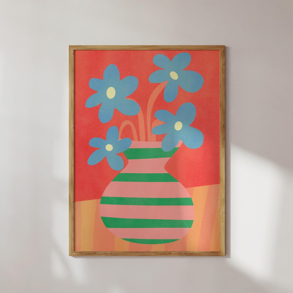 Blue Flowers In Pink Green Striped Vase Maximalist Colorful Art Poster