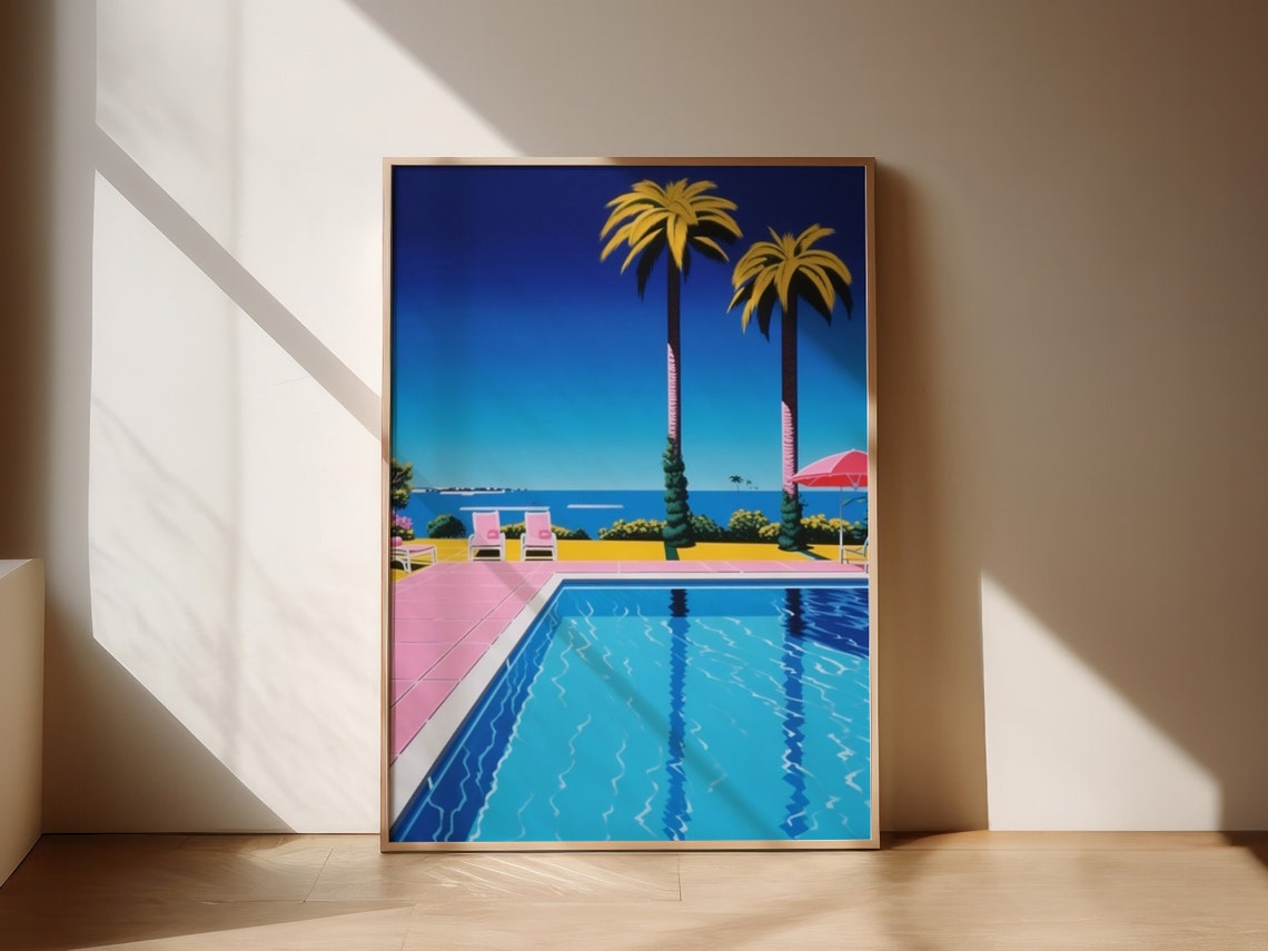 Retro Pool Pink Deck Palm Trees Ocean View Pop Art Summer Poster