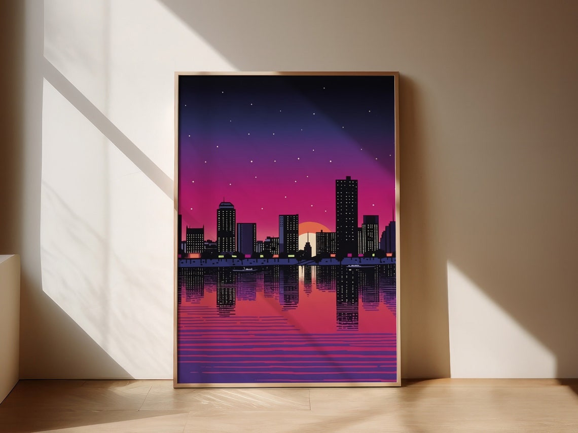 Retro City Skyline at Night Pink Sunset Reflection Art Poster