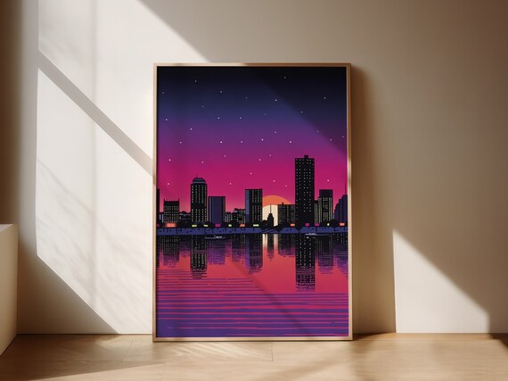 Retro City Skyline at Night Pink Sunset Reflection Art Poster