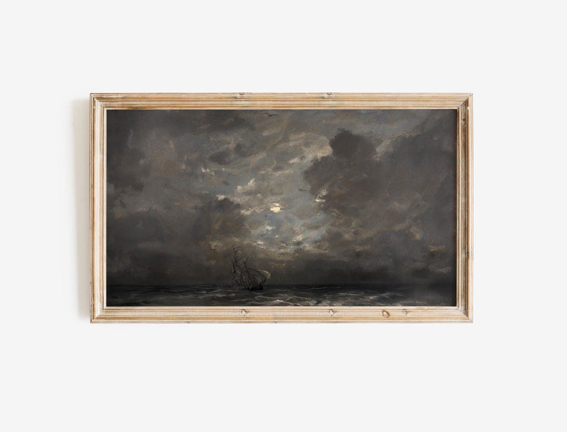 Stormy Night Seascape Painting Sailing Ship Dark Clouds Ocean Poster - Image 2