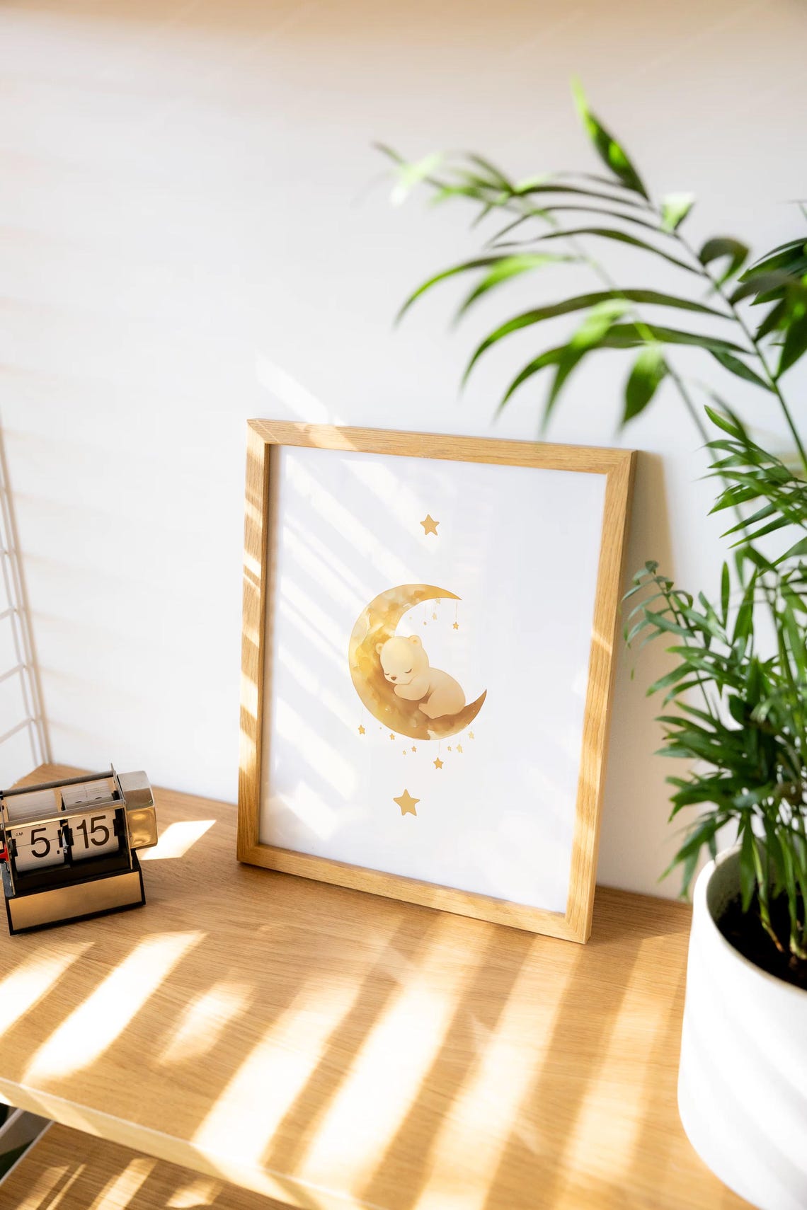 Sleeping Baby Bear Curled Up Tight on a Golden Crescent Moon Poster
