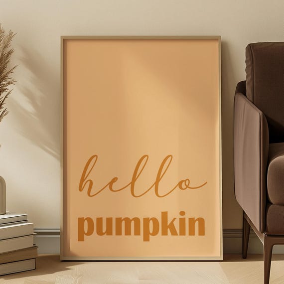 Framed Hello Pumpkin Wall Art Fall Typography Print Autumn Quote Poster Cozy Farmhouse Seasonal Dcor Modern Thanksgiving Artwork