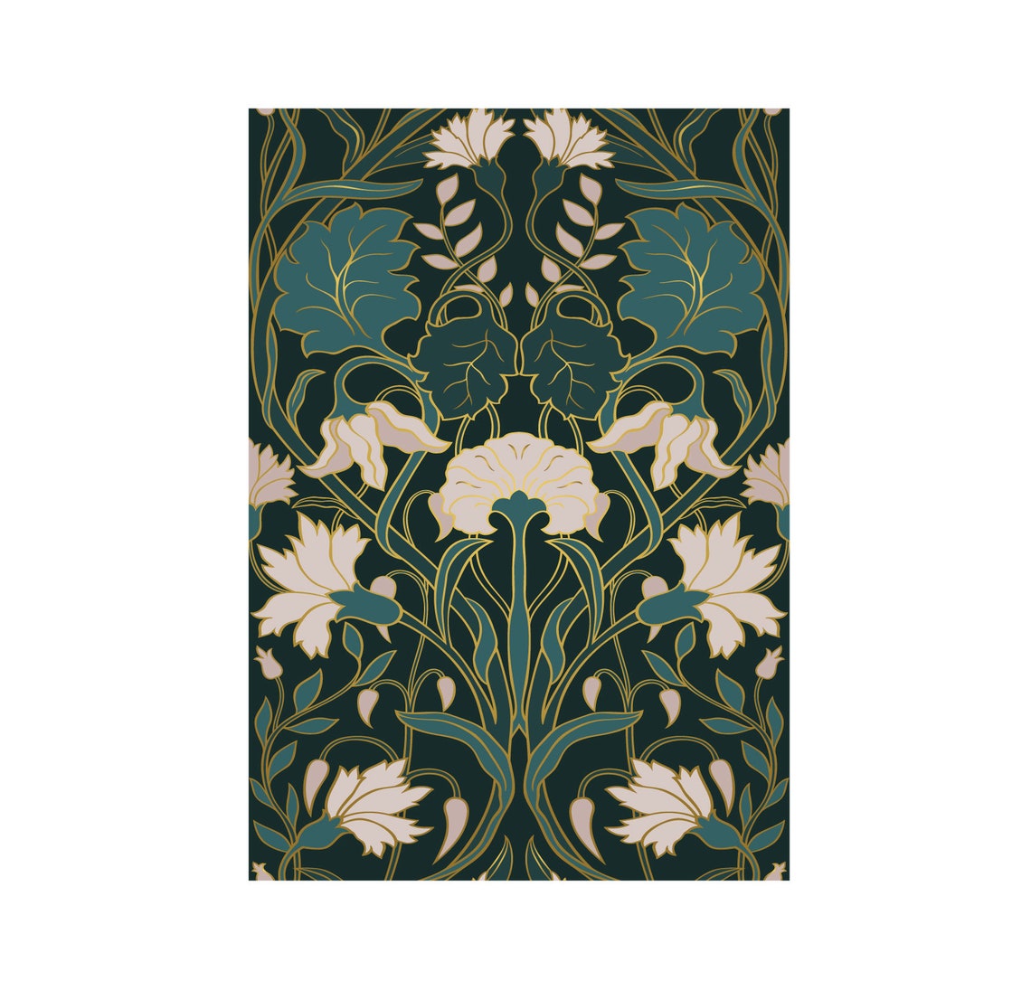 Elegant Art Nouveau Floral Pattern in Teal and Cream Ornate Poster - Image 2
