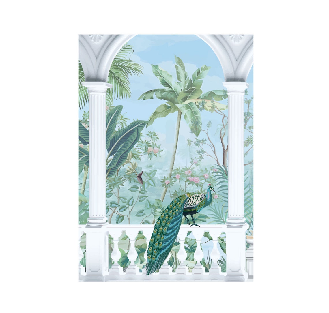 Peacock Mughal Indian Art Indian Folk Art Vintage Indian Art Indian Peacock Prints Indian Wall Art Indian Vintage Palace Palm Tree Art - Image 2