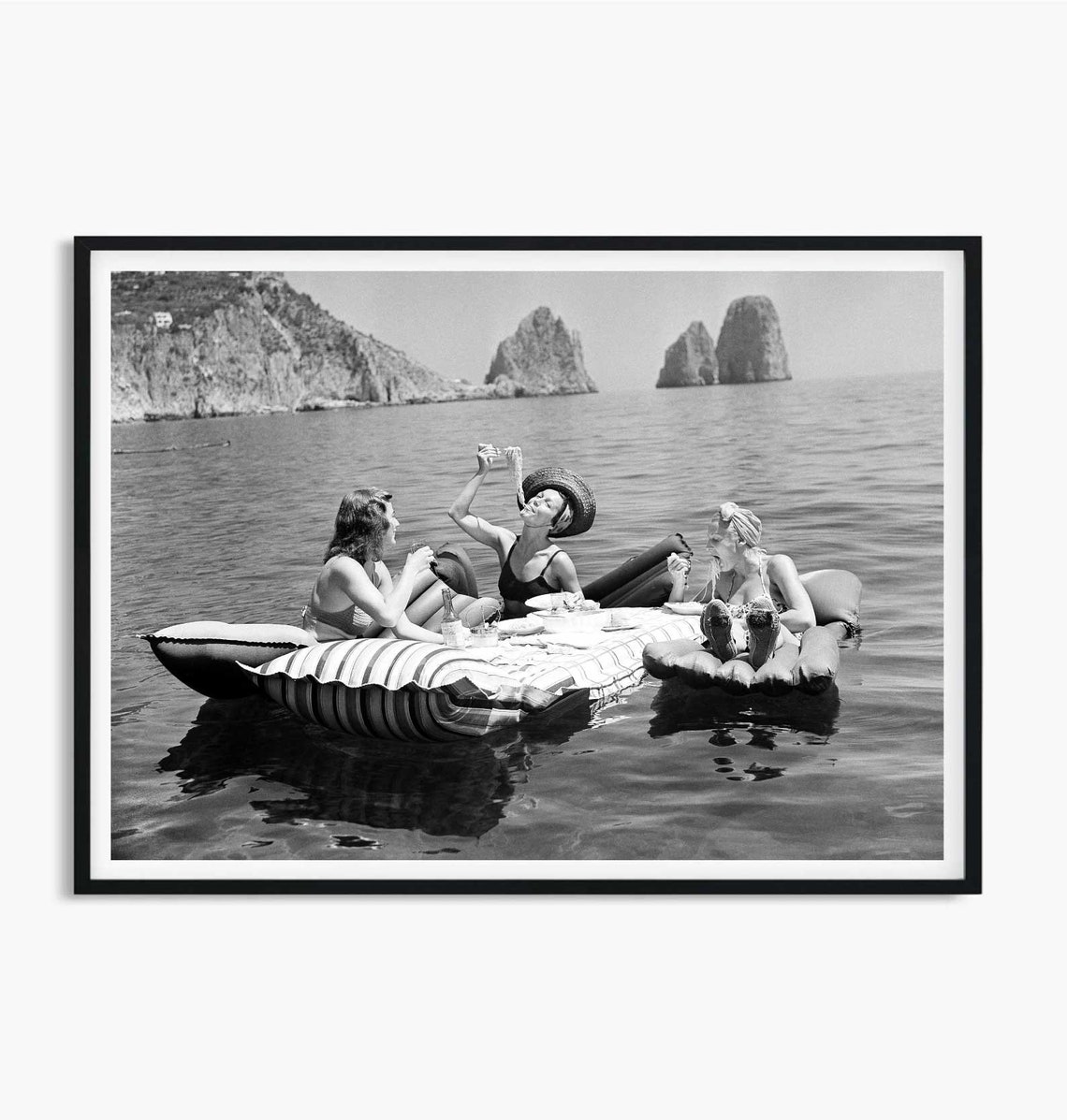 Spaghetti Picnic on a Floating Raft Vintage Seaside Photo Poster