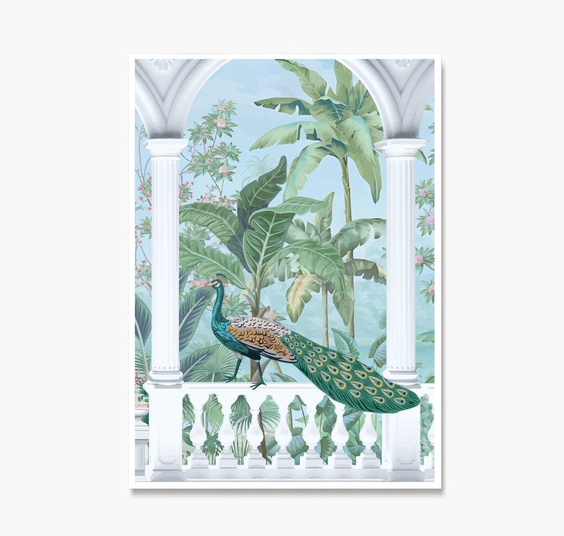 Vibrant Peacock on White Balcony Railing Lush Green Garden Poster - Image 2