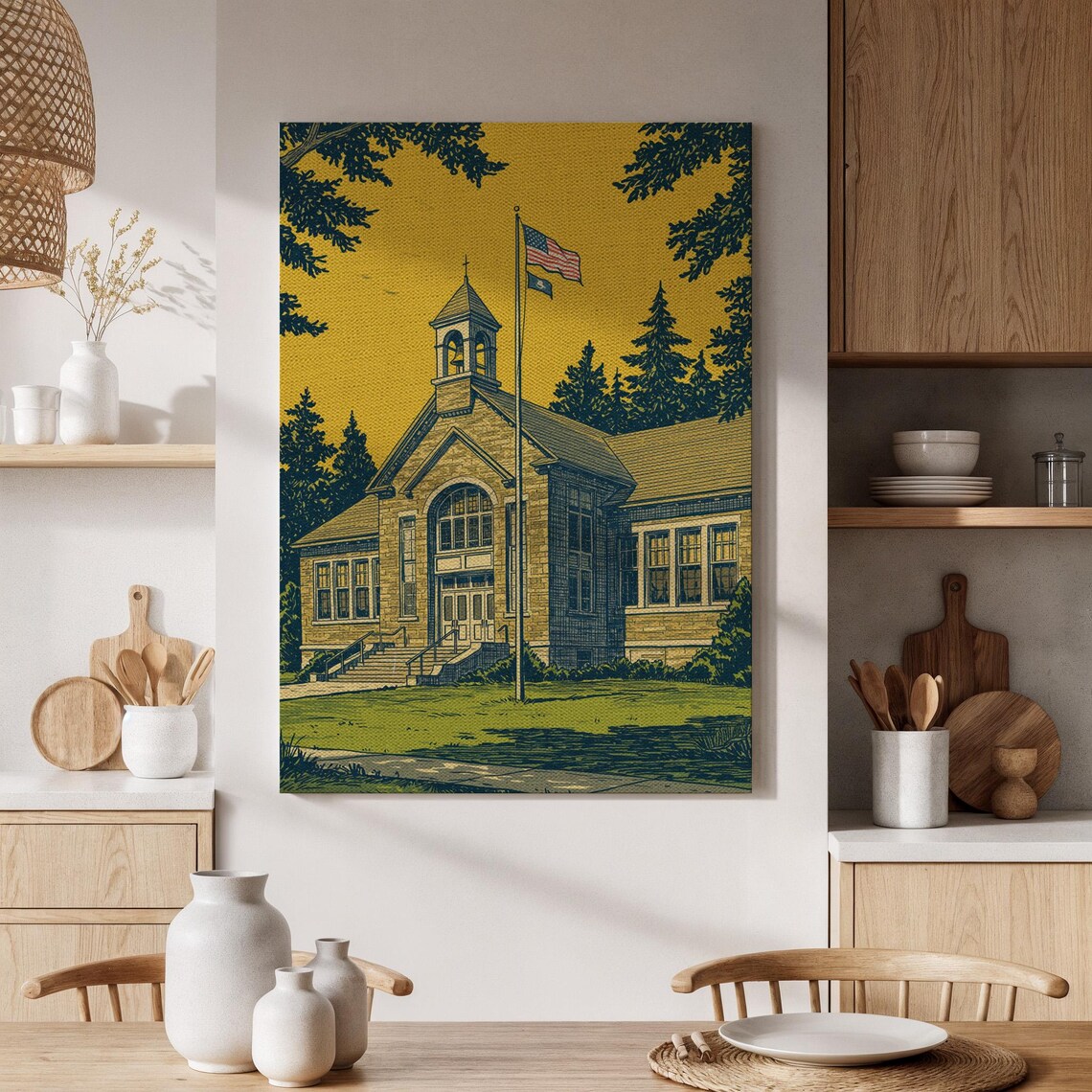 Vintage American Schoolhouse With Flag Retro Illustration Print