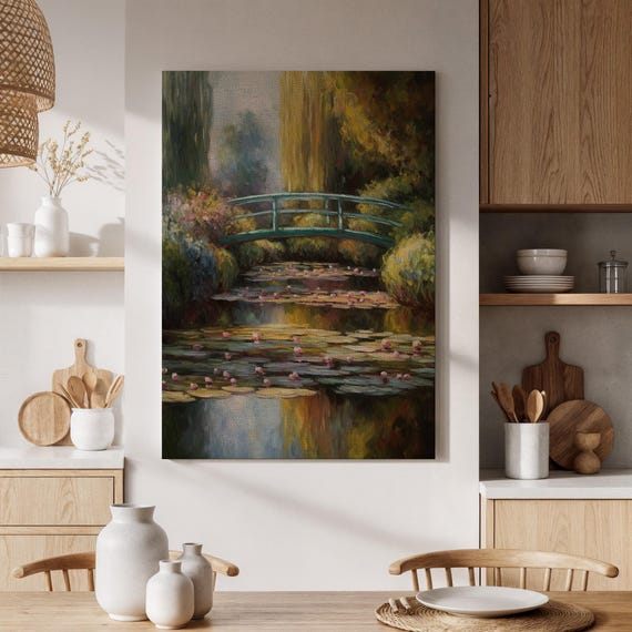 Framed Water Lily Bridge Canvas Art Tranquil Garden Painting Pond With Pads Wall Decor Floral For Living Room