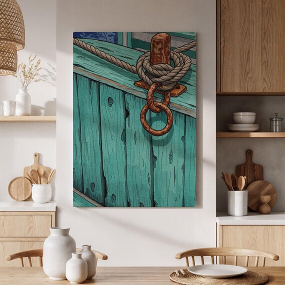 Turquoise Boat Hull With Rope And Dock Cleat Nautical Illustration Poster