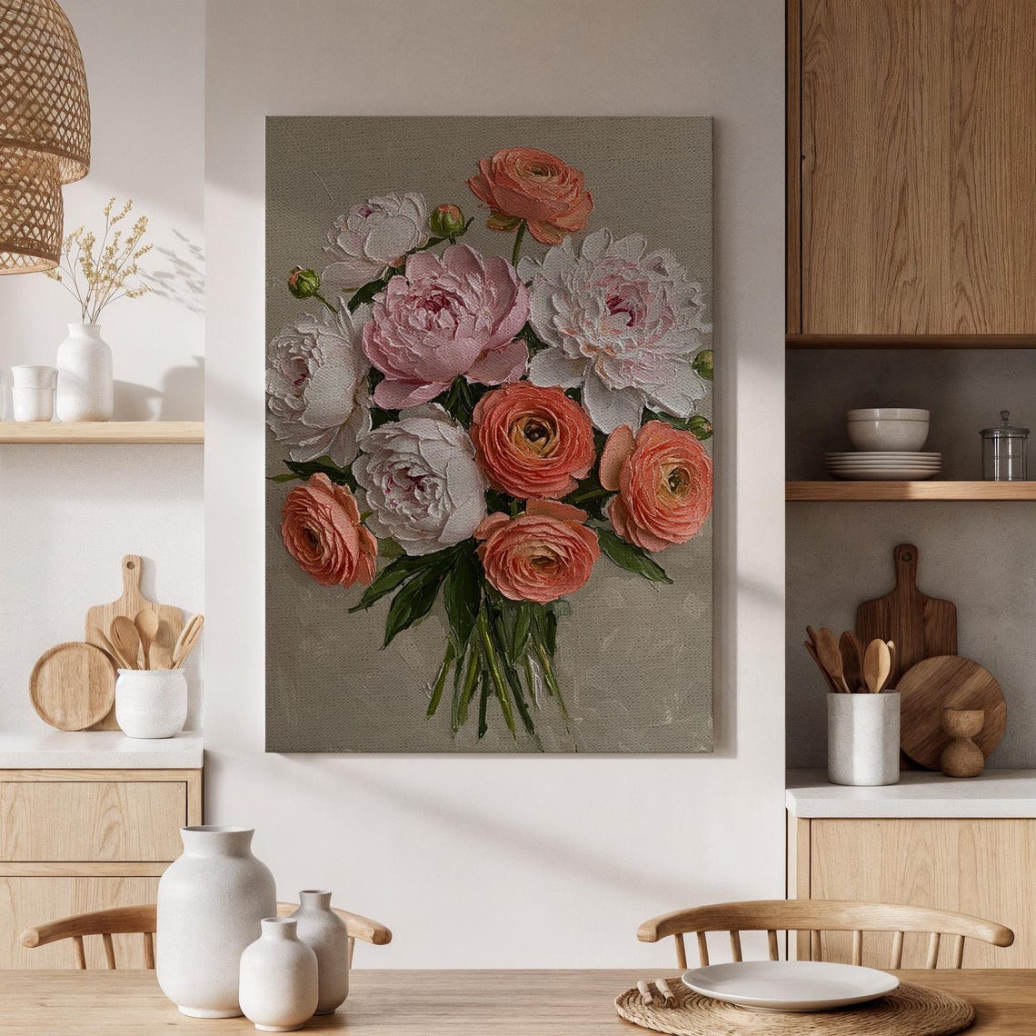 Peony Ranunculus Bouquet Coral Pink Elegant Floral Painting Poster