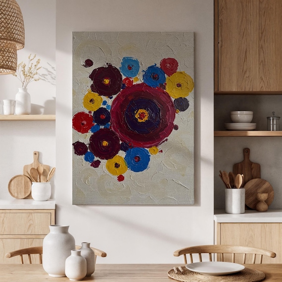 Colorful Circular Blooms Abstract Floral Impasto Painting Wall Art