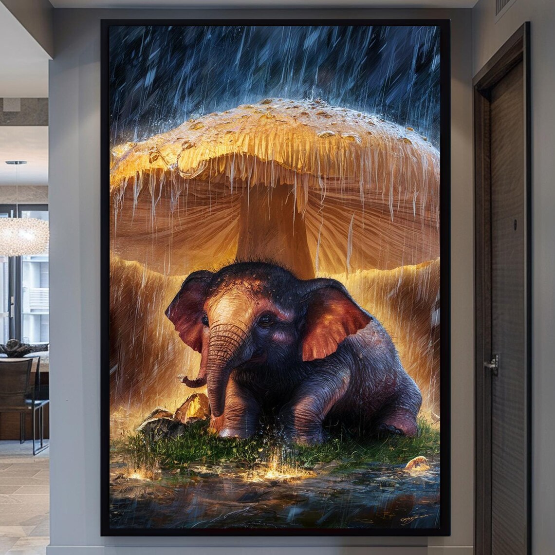 Baby Elephant Under Giant Mushroom Rain Whimsical Nursery Poster