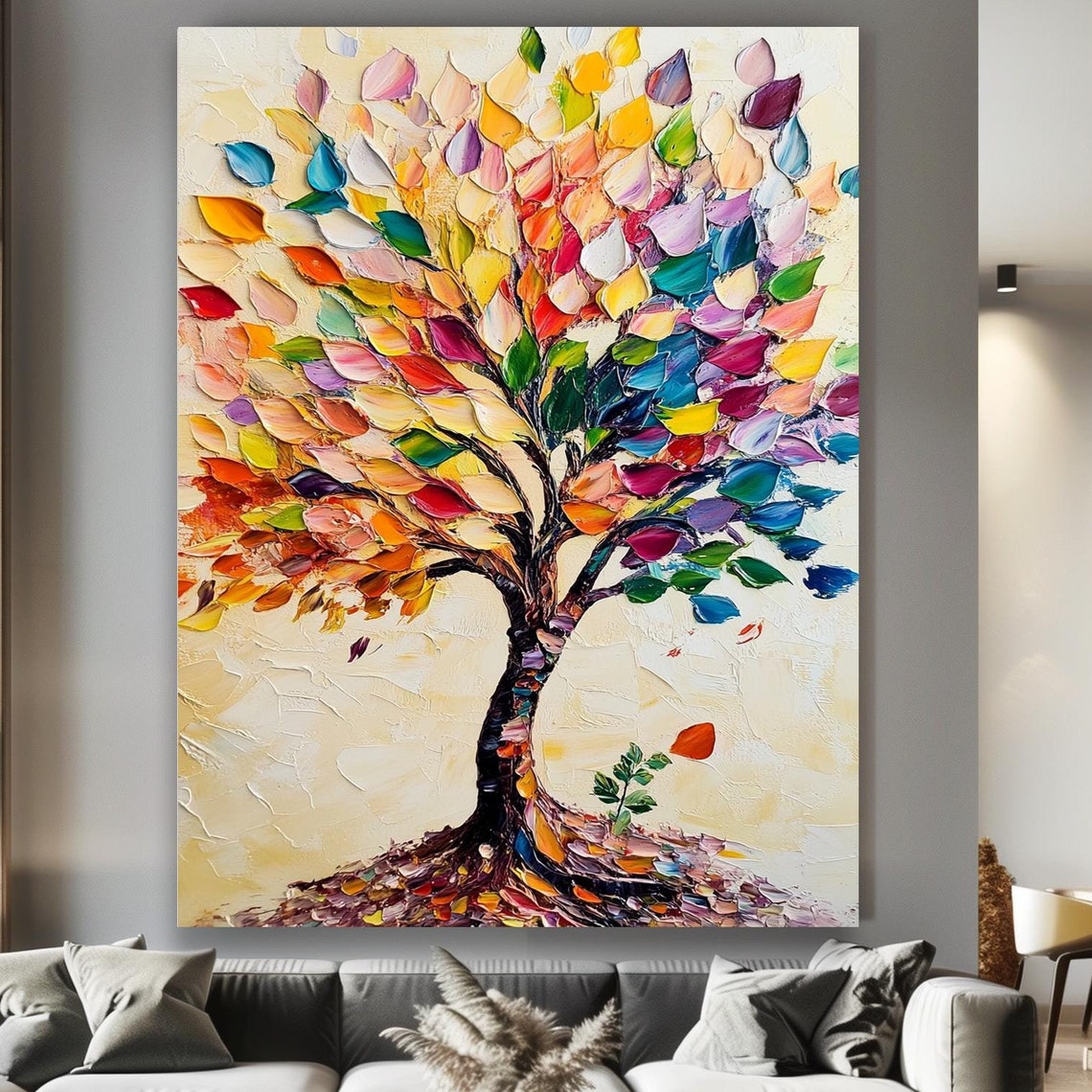 Colorful Abstract Tree Print Vibrant Textured Nature Art Framed Modern Impasto Tree Painting Bold Nature Inspired Wall Decor