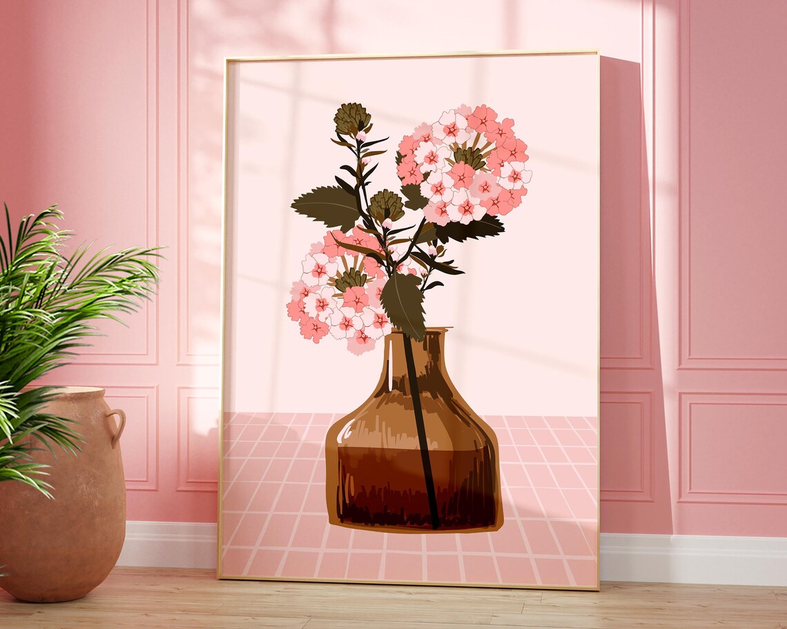 Pink Flowers in Brown Vase Modern Floral Still Life Wall Art