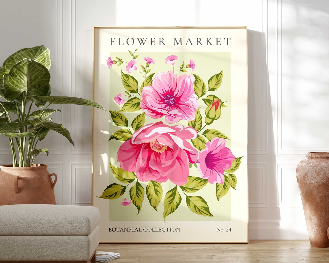 Pink Flower Market Print, Modern Botanical Poster