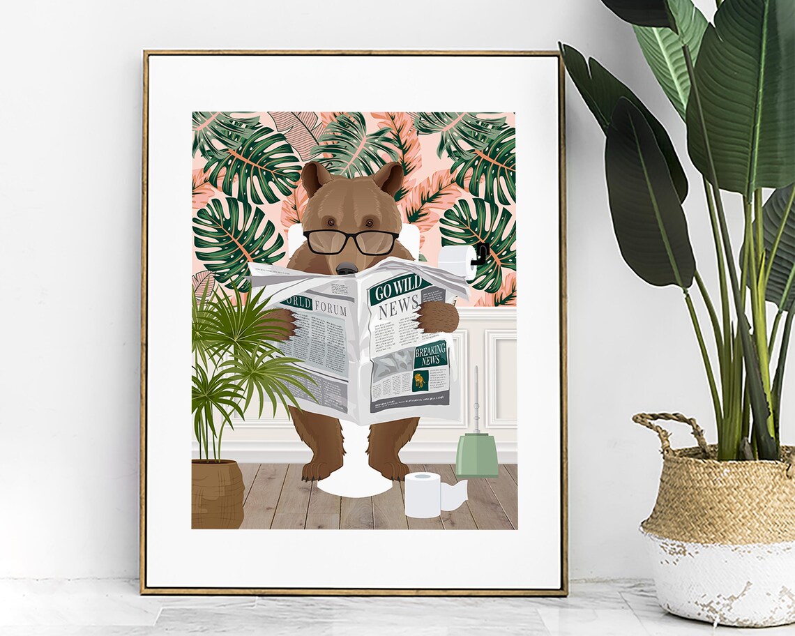 Bear On Toilet Bathroom Animal Tropical Art Print