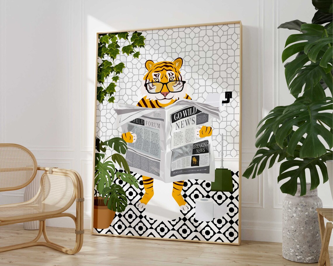 Tiger On Toilet Black And White Bathroom Art Print