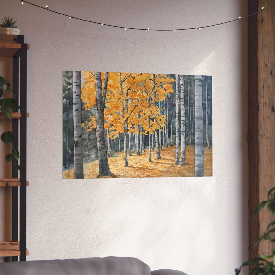 Golden Birch Forest Autumn Watercolor Trees Landscape Poster - Image 2