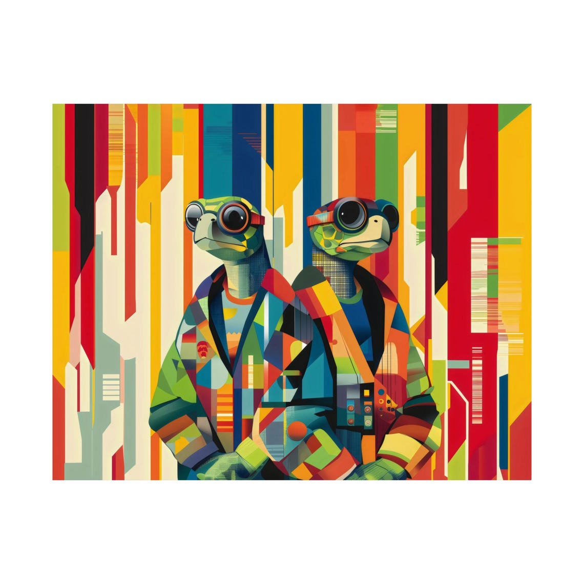 Two Hip Turtles in Goggles Against Bold Geometric City Stripes Poster - Image 3