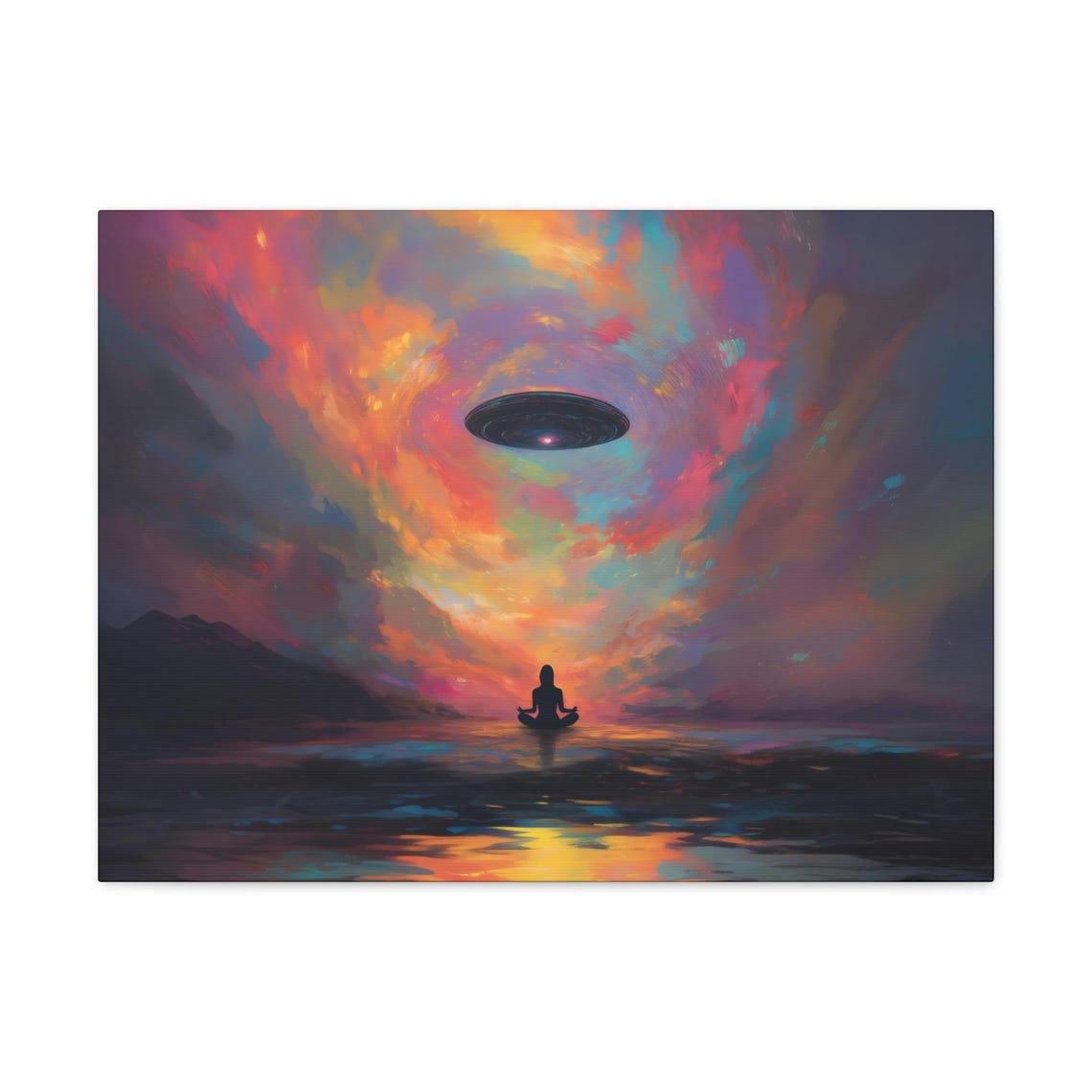 Meditating Silhouette Beneath UFO in Swirling Cosmic Sky Poster - Image 3