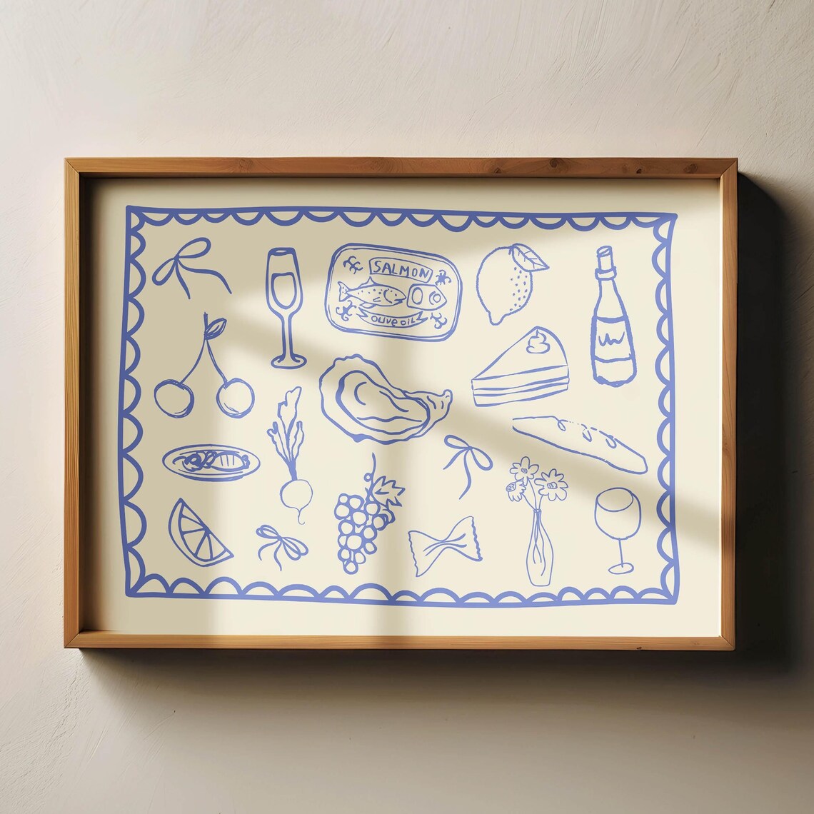 Blue Ink French Market Food Doodle Salmon Lemon Baguette Art Poster