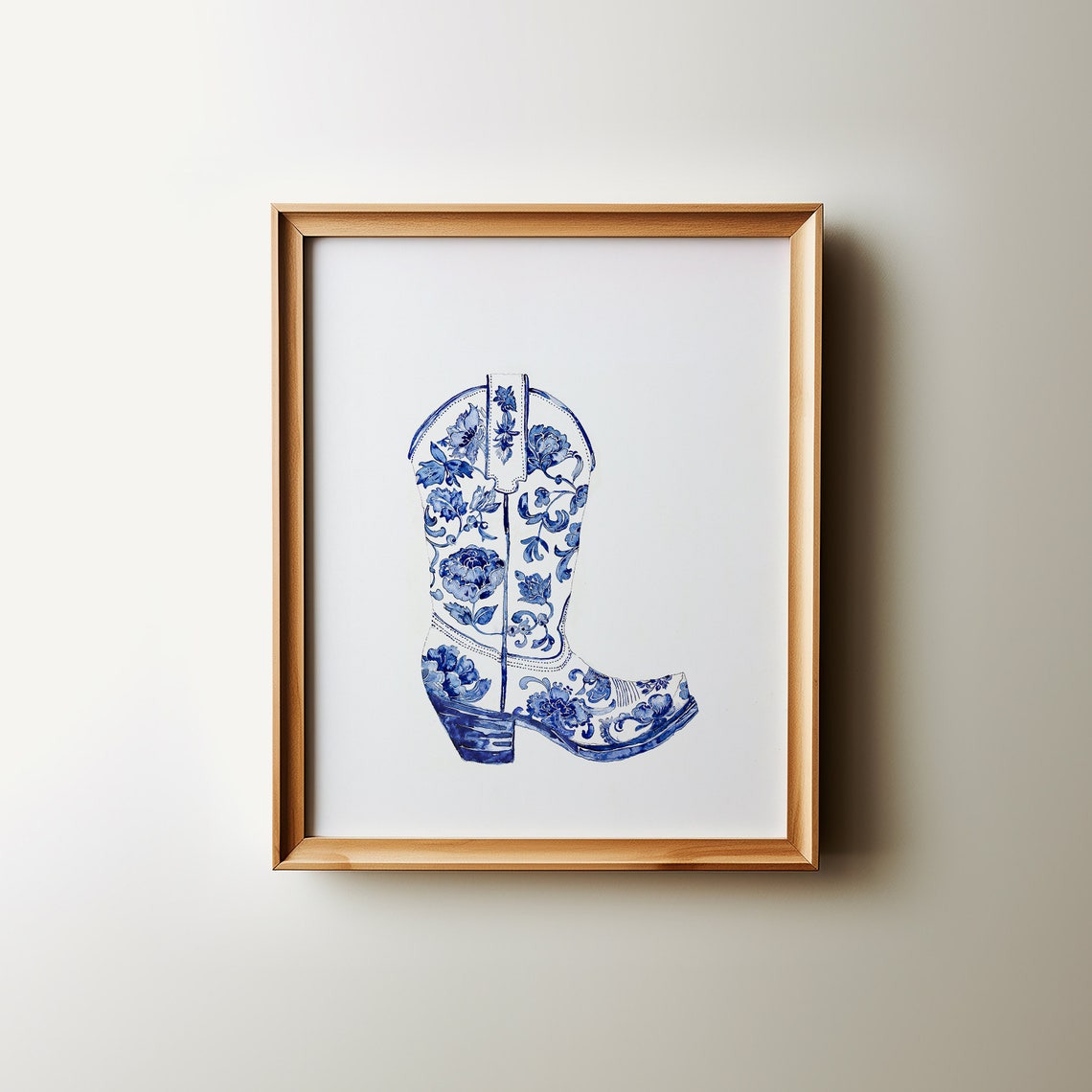 Blue and White Chinoiserie Floral Cowboy Boot Western Poster