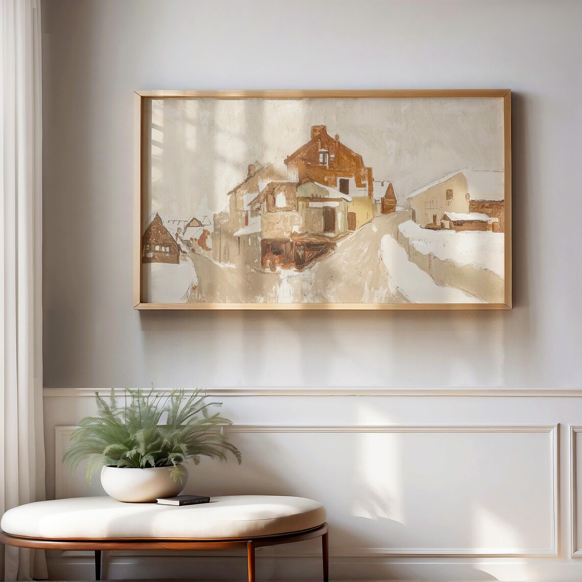 Snowy Village Street Warm Neutral Impressionist Winter Town Poster - Image 3