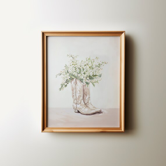 White Cowboy Boots with Wildflowers Watercolor Western Chic Wall Art