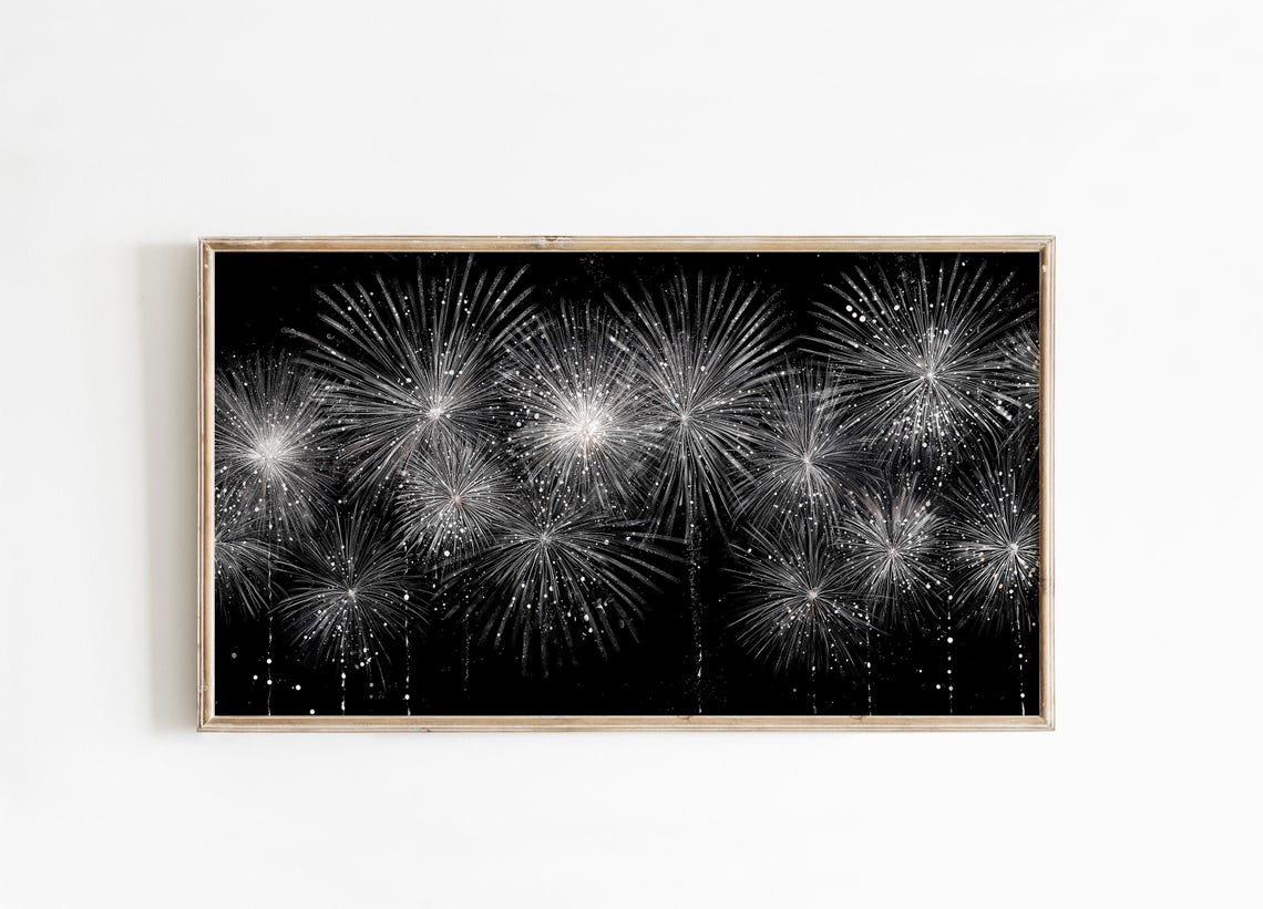Silver Fireworks Black Background New Year Celebration Art Poster - Image 4