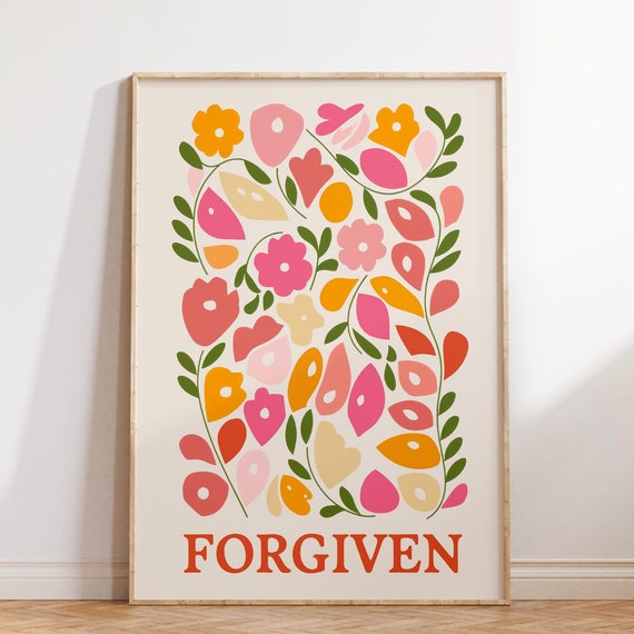 Forgiven Christian Wall Art Flower Print Colorful Floral Bible Verse Print Retro Wall Art Scripture Art Wall Decor