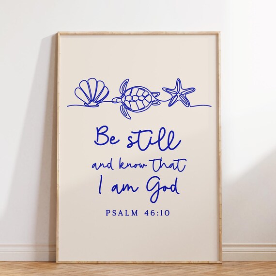 Navy Line Art Sea Turtle Be Still Psalm 46 10 Coastal Verse Poster
