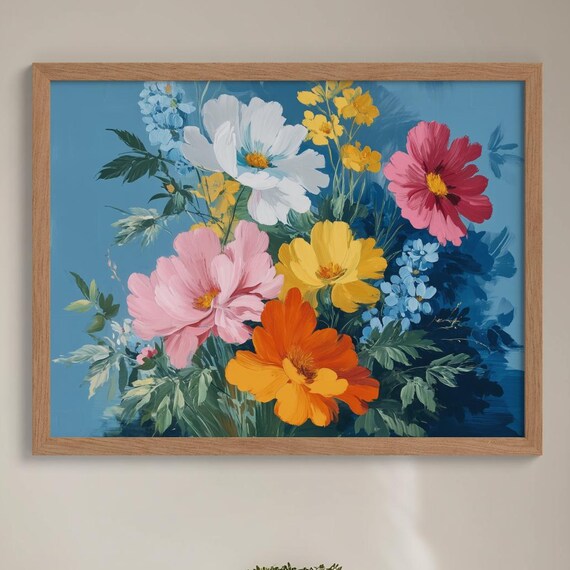 Colorful Cosmos Flowers On Blue Botanical Floral Painting Art Poster