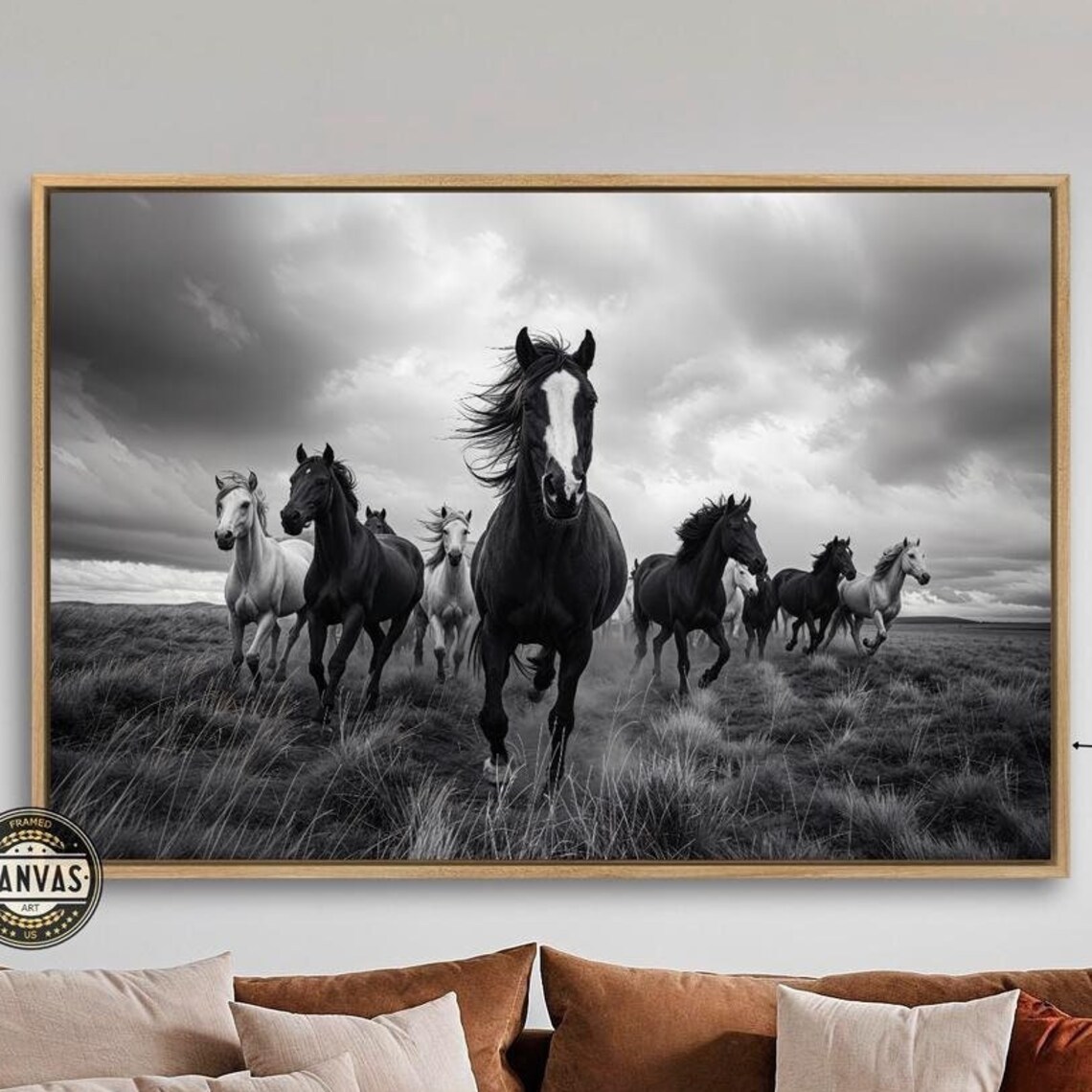 Wild Horses Galloping, Black and White Art Print