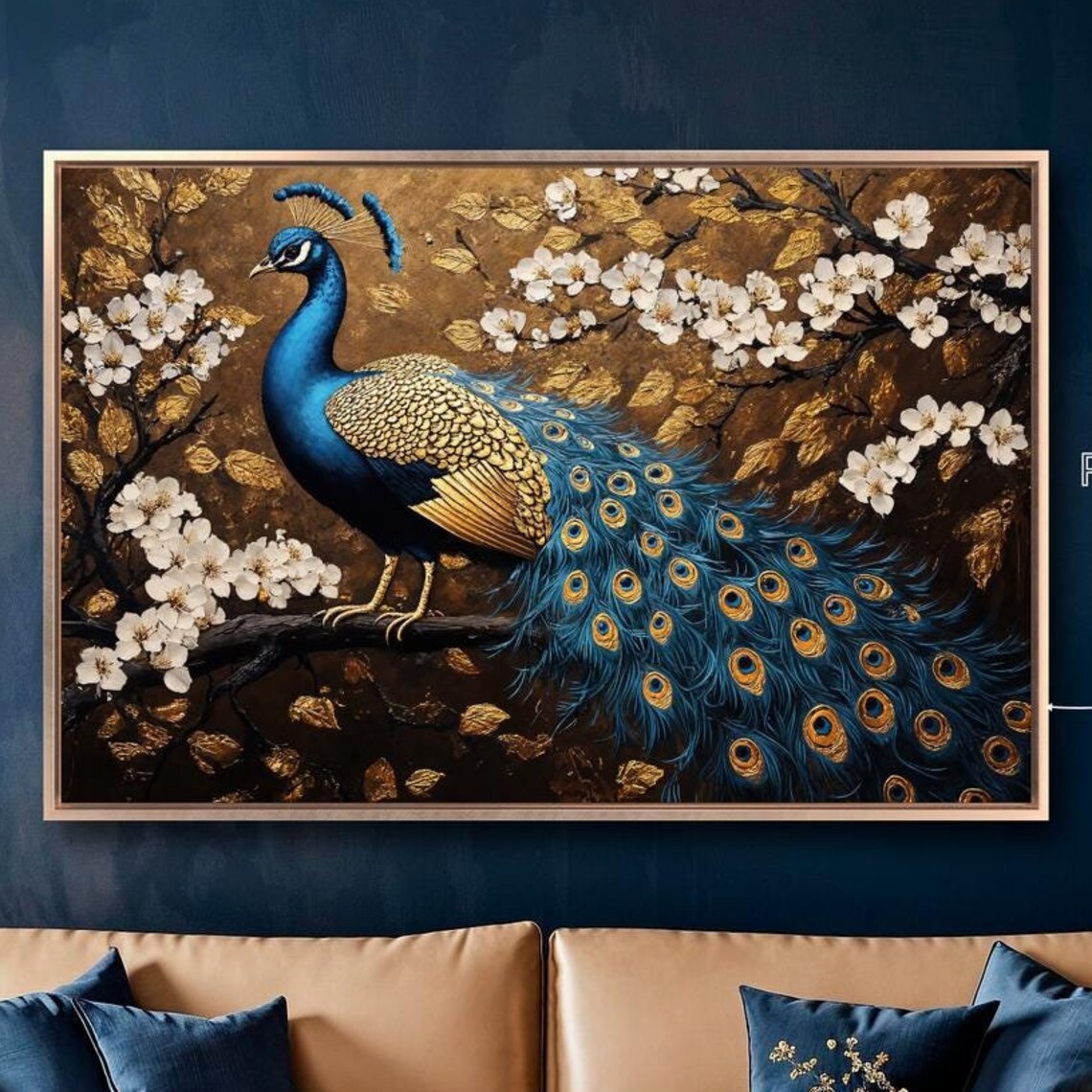 Stunning Blue Gold Peacock On Branch Cherry Blossom Art Print