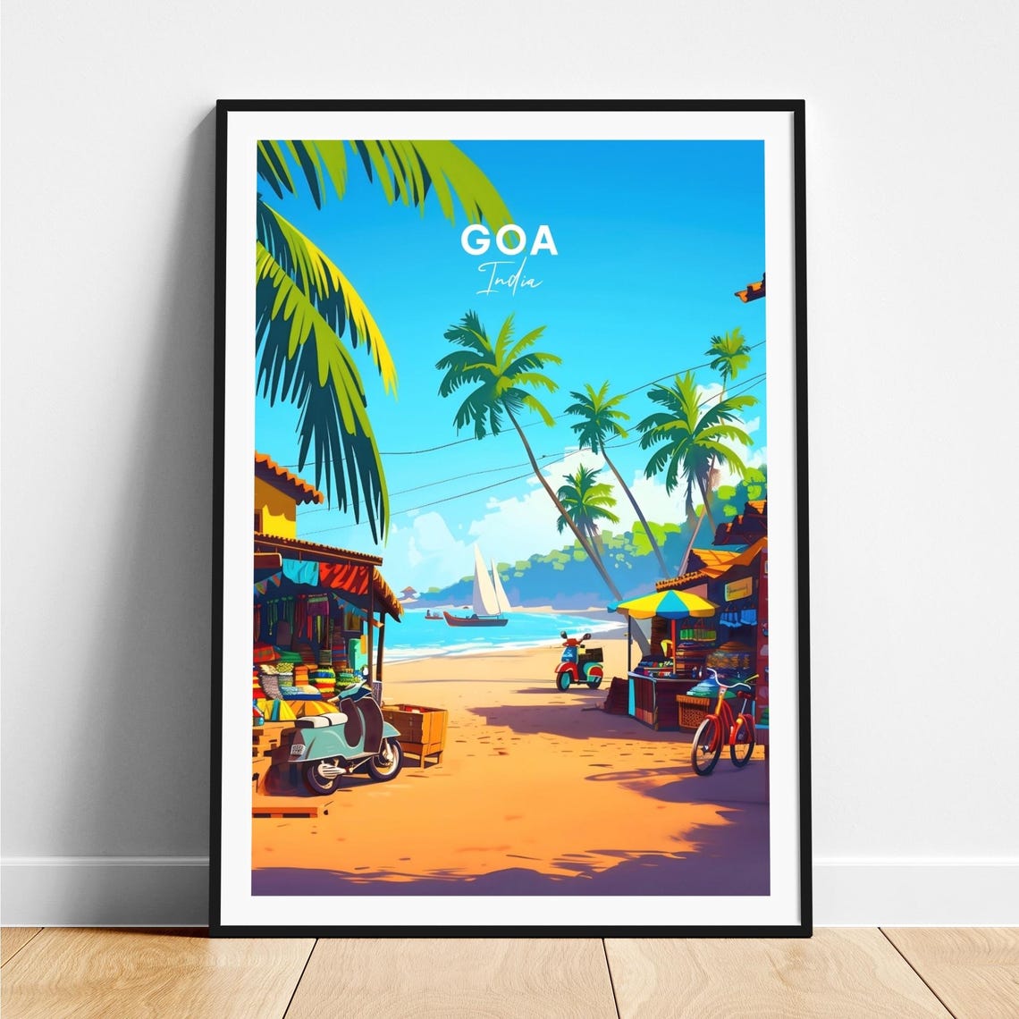 Goa India Sandy Beach Path Shops Scooters Sunny Travel Poster Art