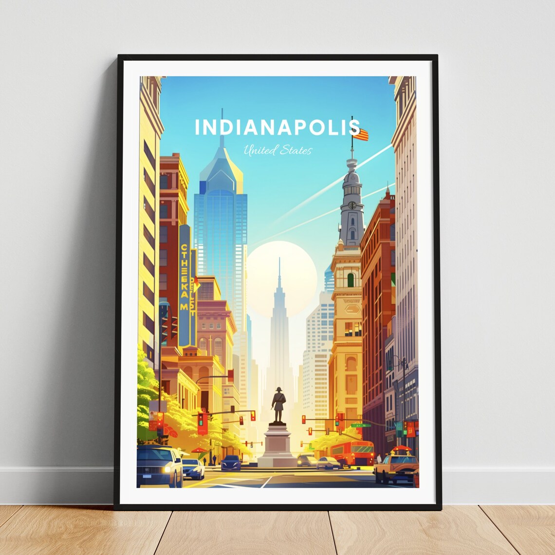 Indianapolis Downtown Street Scene Vibrant Illustrated Travel Poster