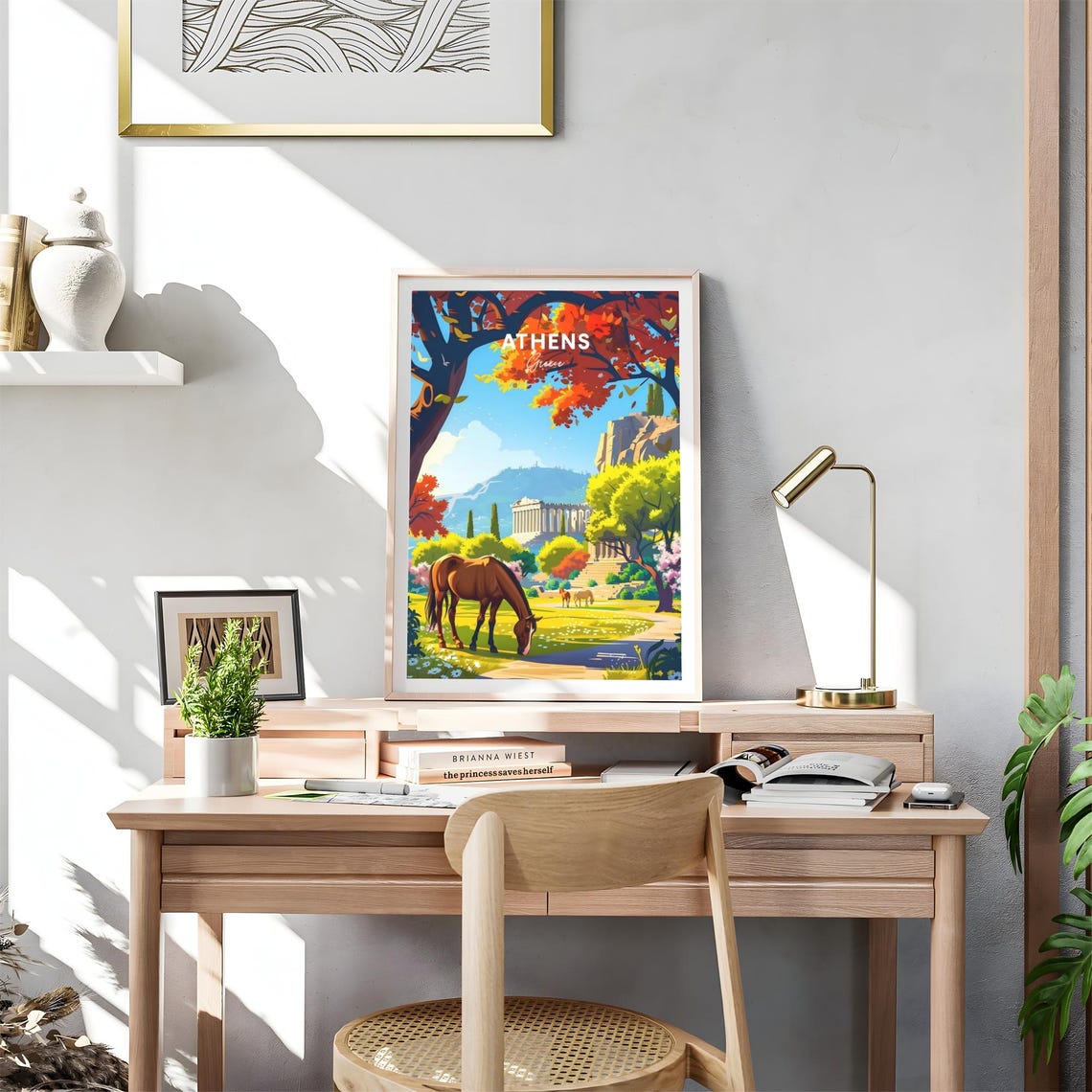 Athens Greece Parthenon Horses Meadow Spring View Art Poster - Image 4