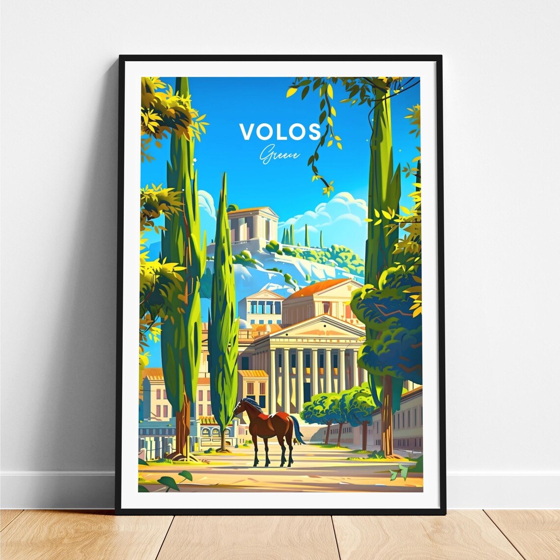 Volos Greece Horse Among Cypress Trees by Neoclassical Temple Poster