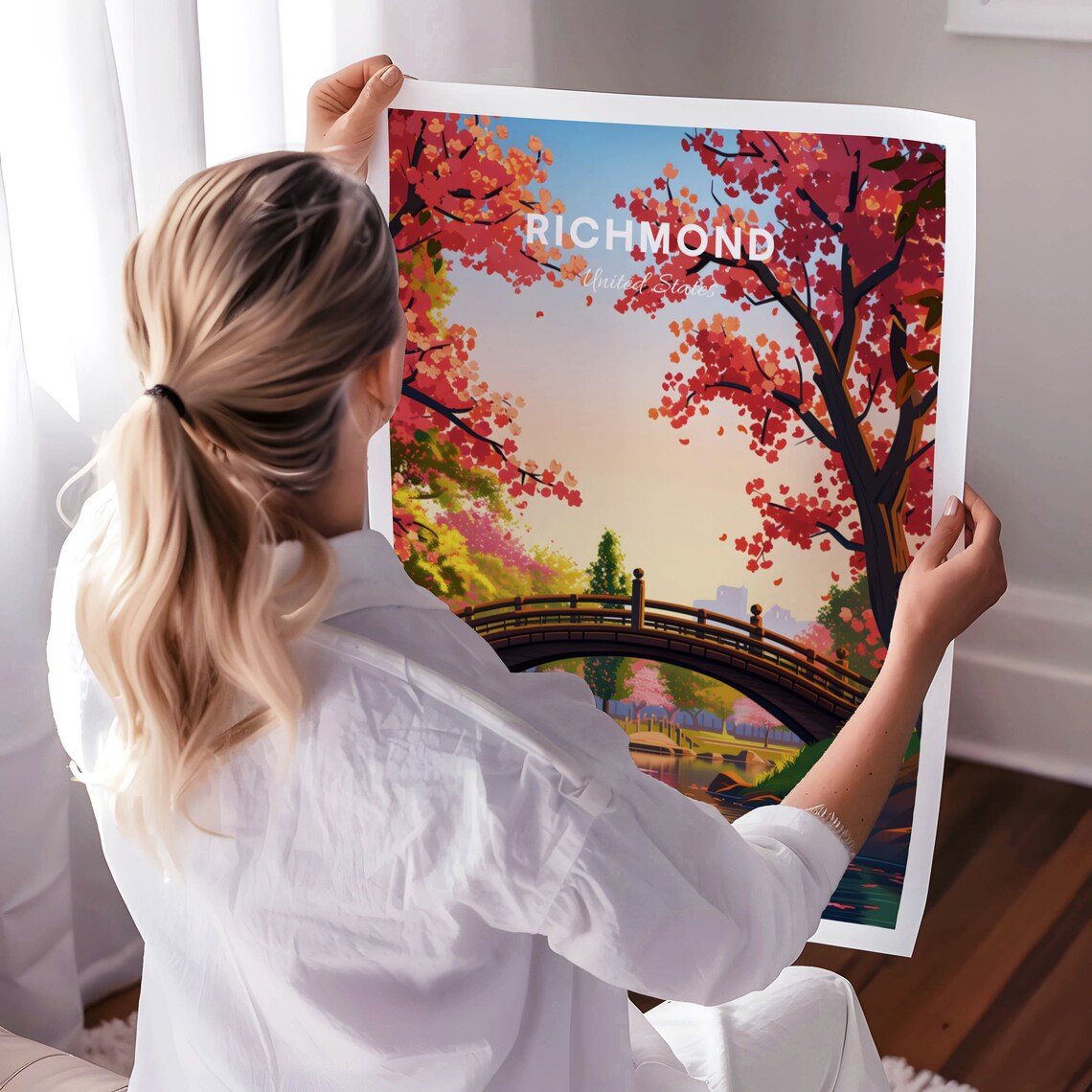 Richmond Cherry Blossom Bridge Over Calm Water Travel Poster - Image 3