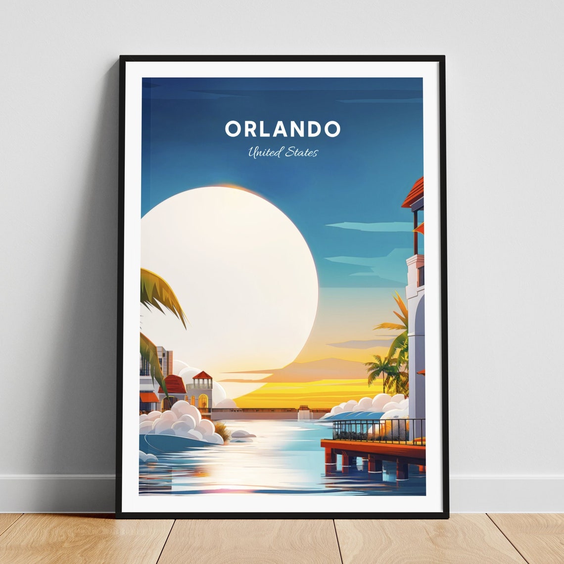 Orlando Florida Waterfront Sunset Bridge Palms Vintage Travel Poster