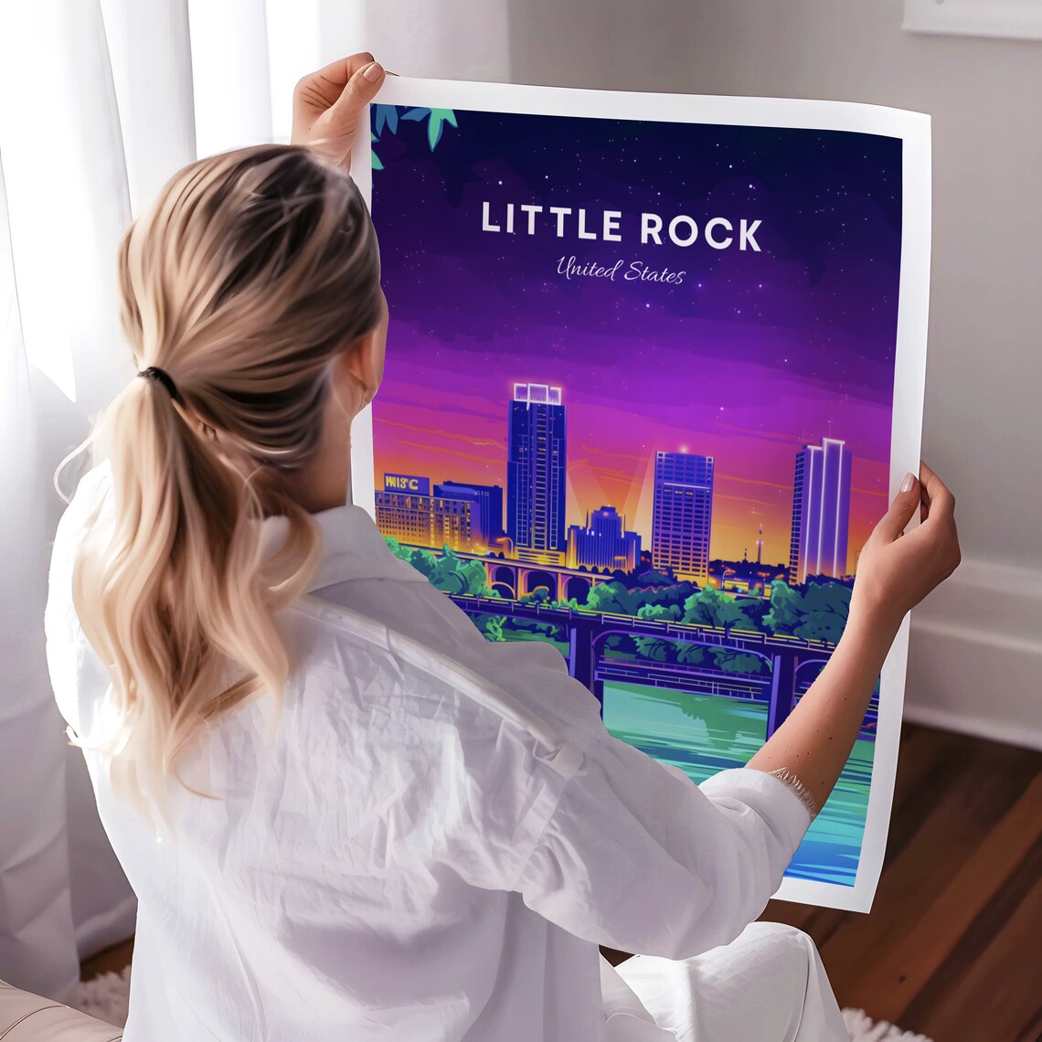 Little Rock Night Bridge Scene Under a Purple Starry Sky Poster - Image 3