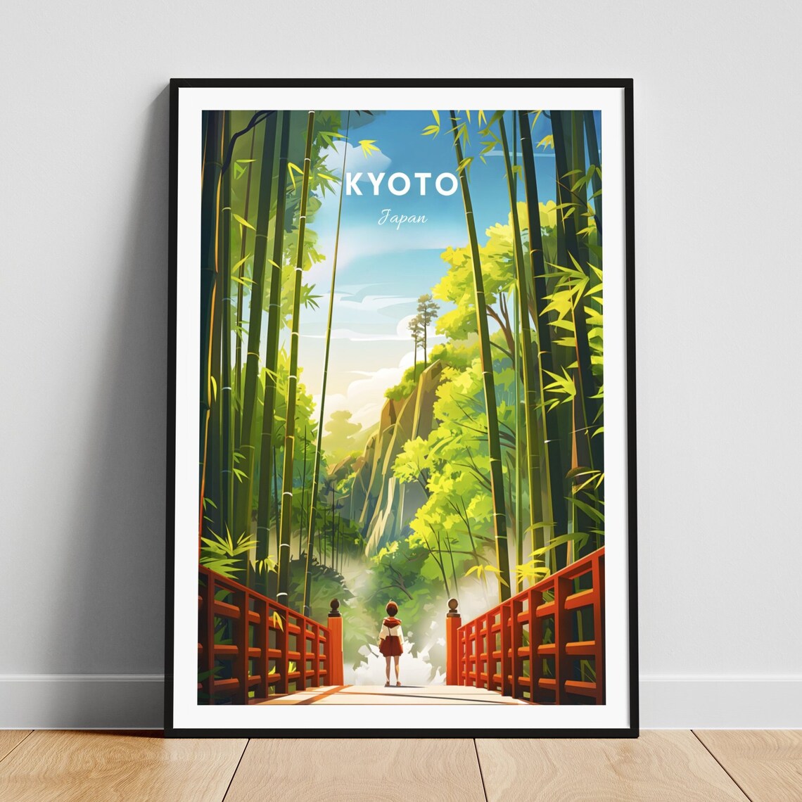 Kyoto Japan Bamboo Forest Red Bridge Illustration Travel Poster